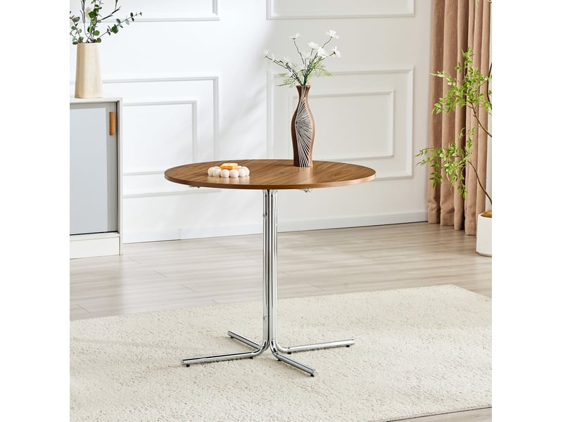  Table à manger ronde 85 cm en mdf noyer, piètement métal chromé argenté  - Conforama D