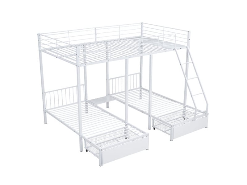 Lit superposé enfant 140x200 cm, lit transformable avec tiroirs et sommier à lattes, en métal, blanc, sans matelas - Conforama A