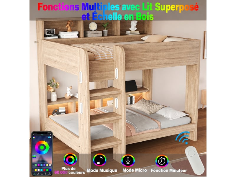 Lit superposé 90 x 200 cm avec rangements, led et prises - échelle large et barrières de sécurité - Conforama E