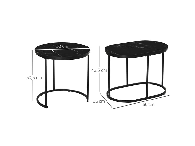 Tables basses gigognes avec plateaux rond et ovale empilables, pieds réglables, effet marbre en acier noir  - Conforama D