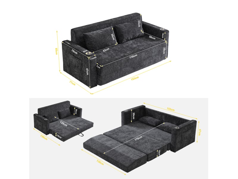  Canapé-lit convertible 2 places modenvie en tissu chenillé noir et gris avec usb, porte-gobelets et poches latérales 153 x 77 x 65 cm  - Conforama C