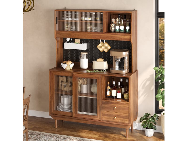 Buffet de cuisine 4 portes coulissantes en verre strié, 2 tiroirs, panneau perforé en noyer 117 × 30 × 170 cm  - Conforama D