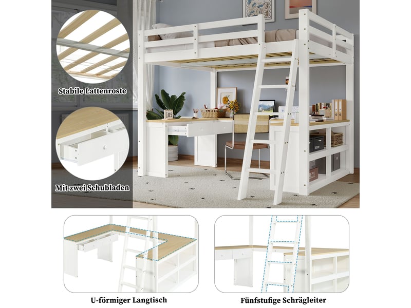  Lit mezzanine blanc et naturel 140x200cm avec rangement, échelle, gain de place, confort durable - bois massif - pour enfant ado  - Conforama C