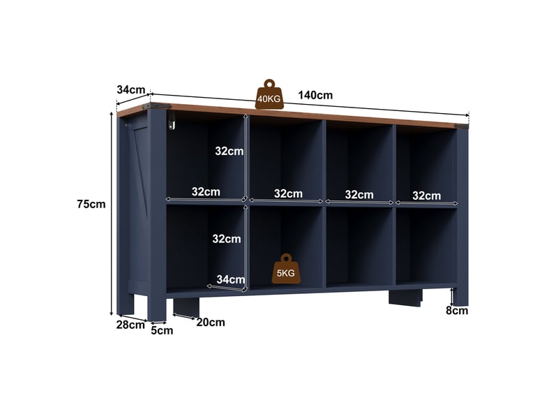 Buffet de rangement,140x34x75 cm,8 compartiments ouverts,mdf,bleu - Conforama C