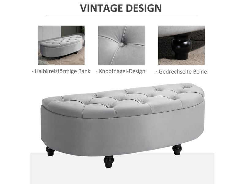  Banc coffre 120x46x42 cm, rangement intégré, assise polyester doux, pieds en bois noir, pour chambre et salon, gris  - Conforama E