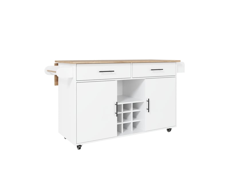  Îlot de cuisine mobile avec plateau rabattable, 2 tiroirs, range-bouteilles, porte-serviettes, blanc et décor bois  - Conforama E