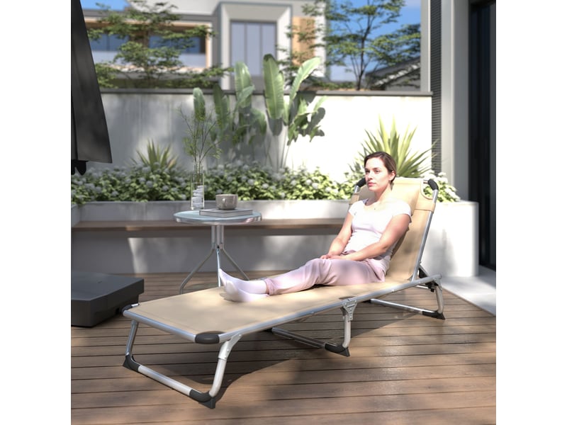  Chaise longue pliante en aluminium avec appui-tête et dossier réglables, 60 x 165 x 76 cm, beige  - Conforama C