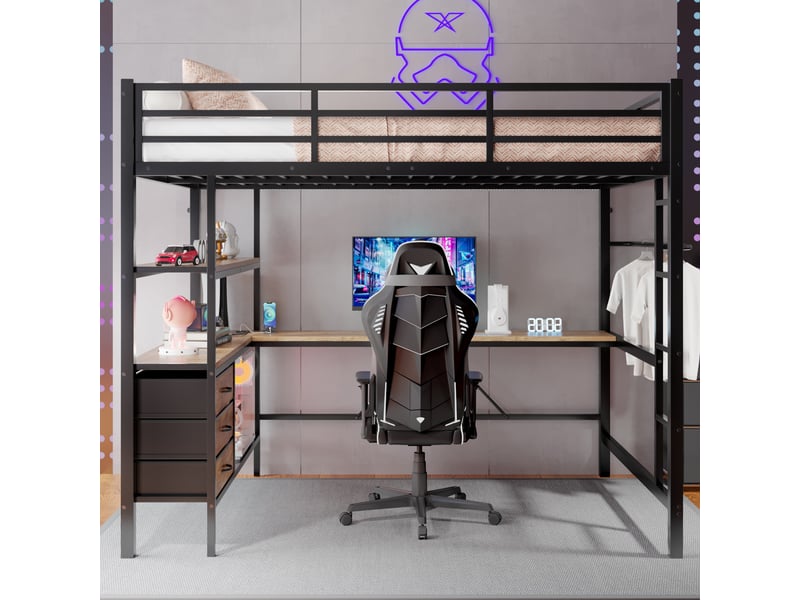  Lit mezzanine 140*200cm, structure en métal et mdf, éclairage led, bureau, port usb, 3 tiroirs, sans matelas, noir  - Conforama E