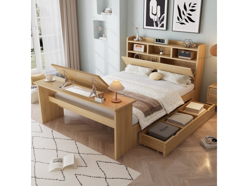 Lit enfant 2 places 140×200 cm avec tiroir, étagères et table rabattable - okmyhome- bois naturel, sans matelas  - Conforama C
