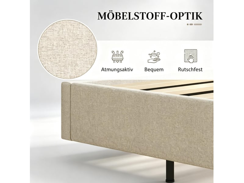 Lit double 140x190 cm avec cadre fixe en tissu effet lin beige, éclairage led rgb et sommier à lattes, sans matelas - Conforama D