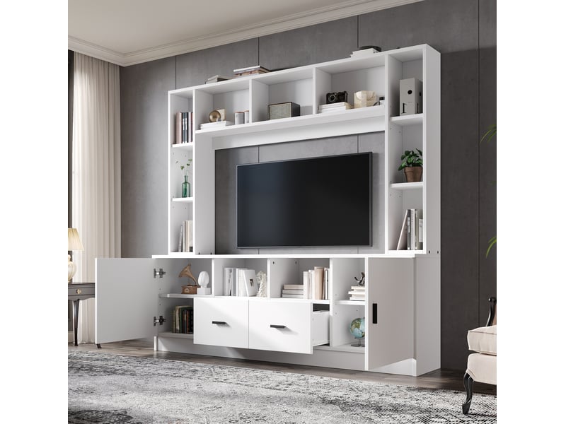 Meuble tv mural 180 x 35 x 170 cm – blanc – 2 placards, 2 tiroirs et 11 niches de rangement pratiques - Conforama B