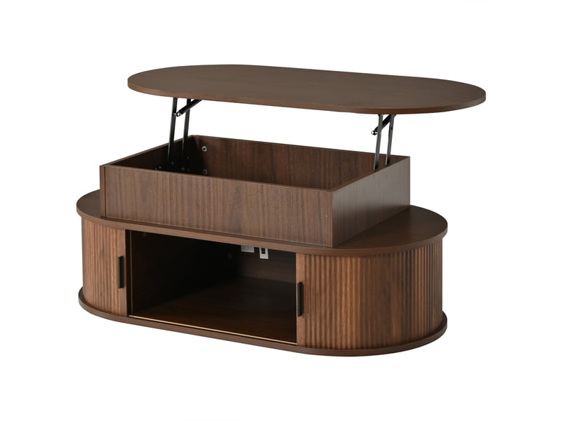  Table basse relevable, hauteur reglable jusqu a 55 cm, finition effet noyer, ovale, avec coffre de rangement et portes coulissantes.  - Conforama A