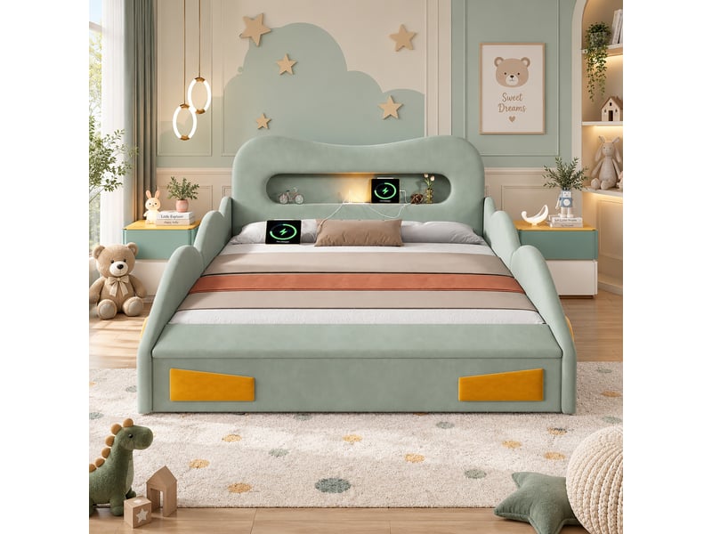  Lit enfant, lit voiture 140x200 cm coloris vert tissu  - Conforama D