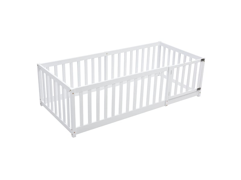  Lit évolutif enfant en bois avec barrières et porte, blanc, 90x200cm, cadre sécurisé et design moderne  - Conforama E