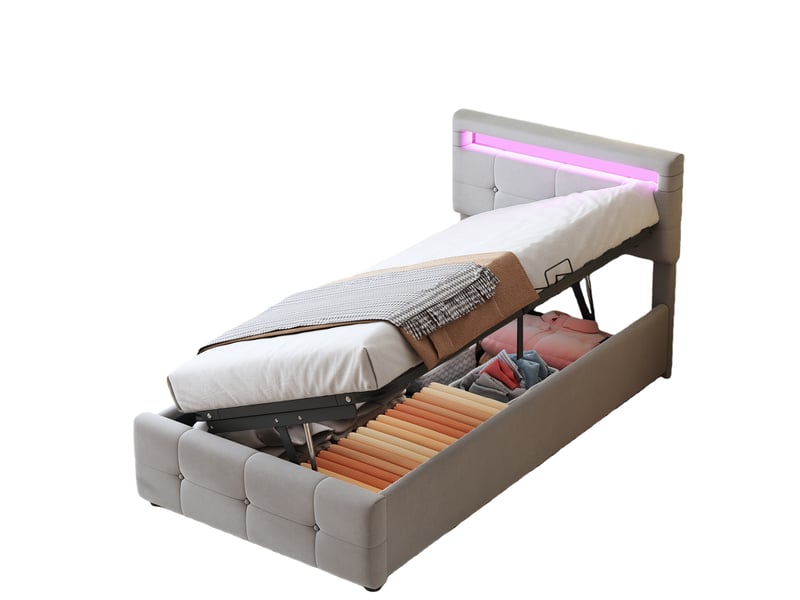 Lit coffre 90x200 cm - lit avec mécanisme hydraulique et rangement intégré, tête de lit ajustable, en velours gris, sans matelas - Conforama A