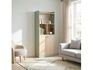 Meuble de rangement haut moderne avec espace d’exposition, portes, vert et bois