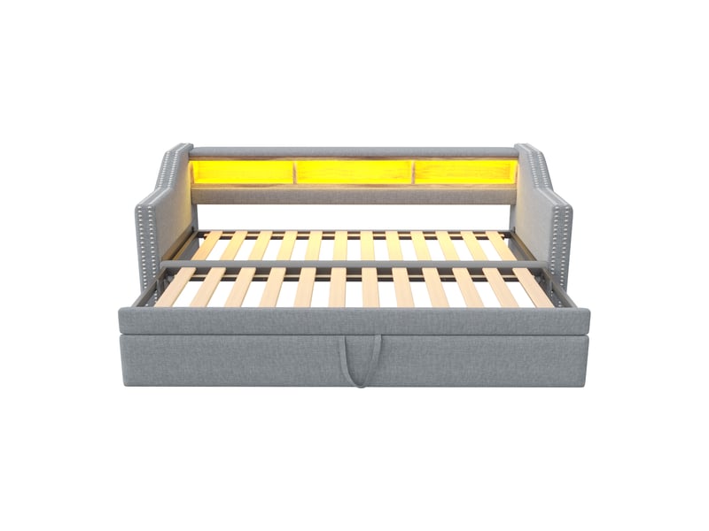  Banquette-lit 90–180x190 cm gris clair – rangements, led, usb, sommier à lattes et 2 matelas ressorts  - Conforama D