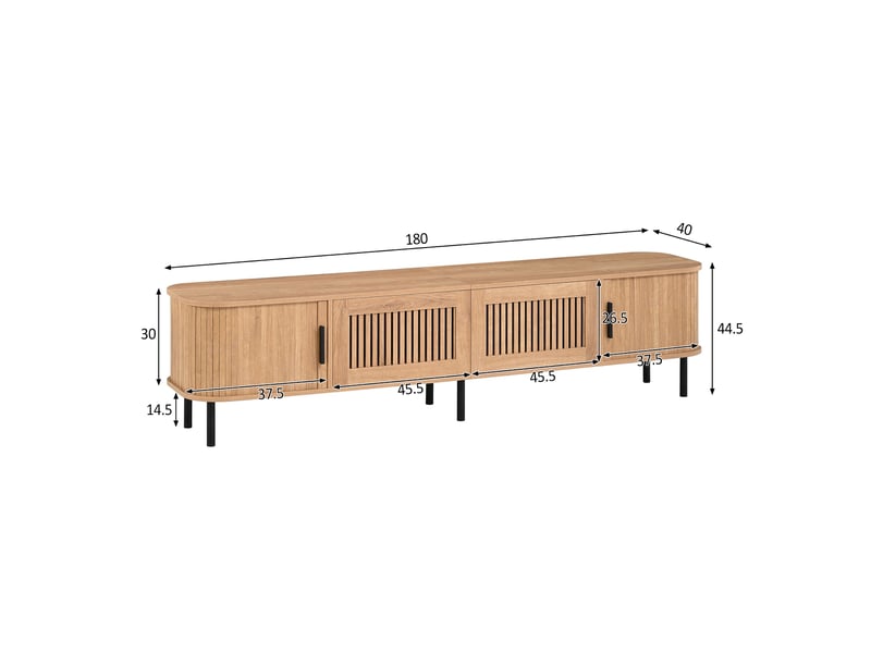  Meuble tv design scandinave, banc tv bas avec led connectée et portes coulissantes, en bois mdf et métal 180cm de salon, naturel  - Conforama E