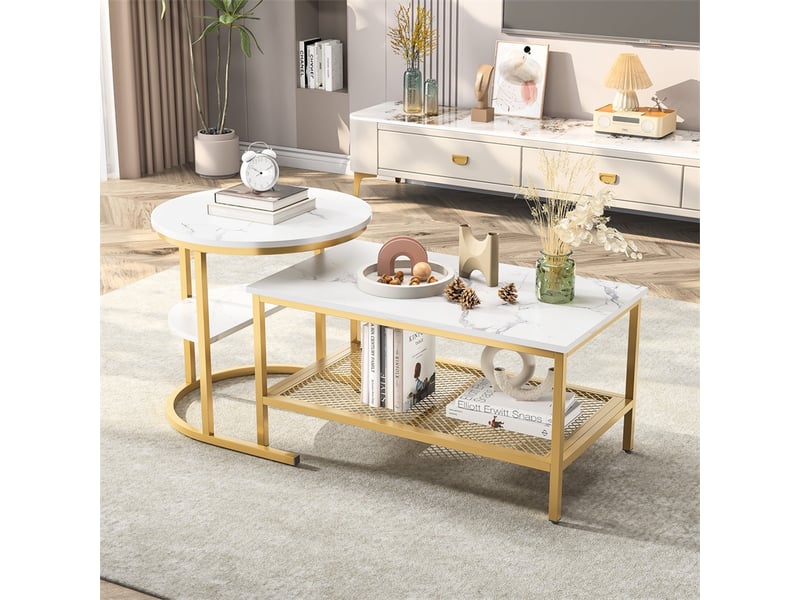  Lot de 2 tables basses gigognes 80x45x45cm et ø50x55cm - plateau marbre blanc, métal doré, double niveau salon - blanc et or  - Conforama C