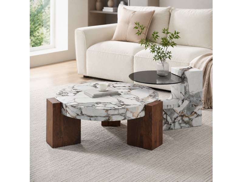Table basse ronde avec table d'appoint séparable, plateaux effet marbre et verre gris, pour salon, en mdf blanc - Conforama E