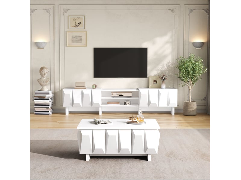  Ensemble meuble tv et table basse 180 x 34 x 44,5 cm blanc en panneaux de particules, 7 portes et niches ouvertes  - Conforama B