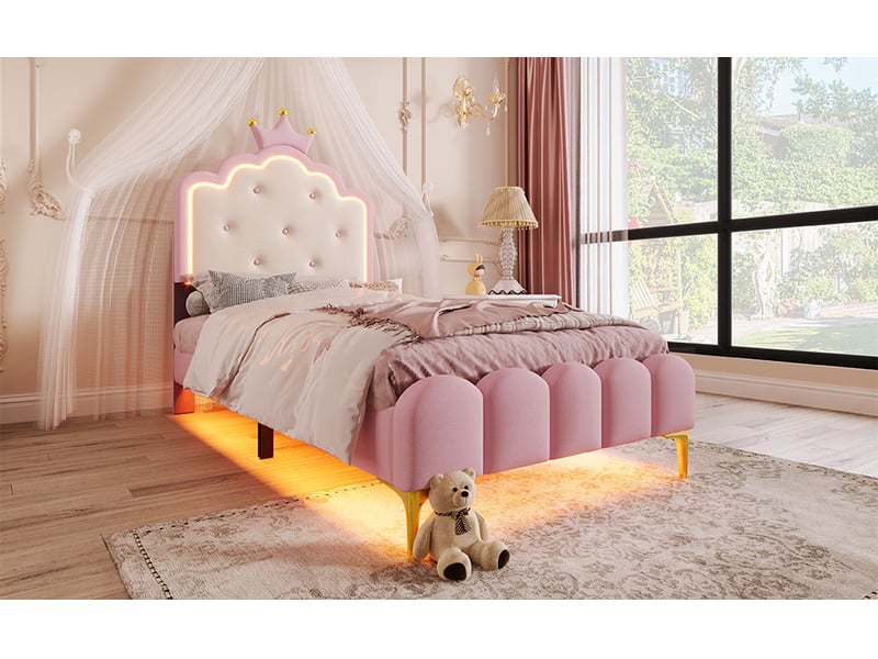 Lit enfant 90x200 cm en pu rose, éclairage d'ambiance télécommandé, style princesse, sommier - Conforama B