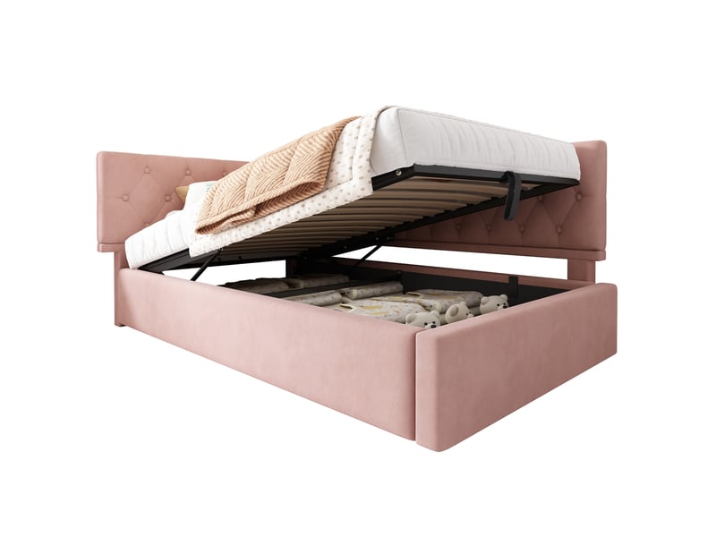  Lit coffre 90 x 200 cm avec sommier relevable à vérins, velours rose  - Conforama D