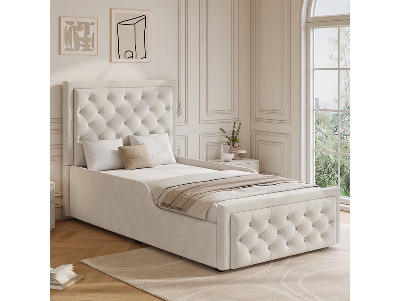  Lit coffre enfant ulevr 90 x 200 cm avec sommier à lattes et grand rangement, tête de lit capitonnée, velours beige  - Conforama D