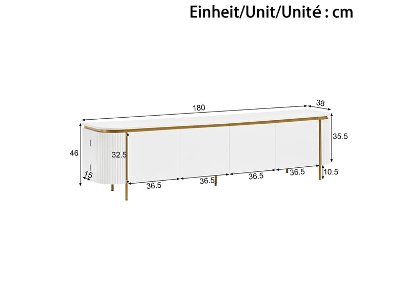  Meuble tv 6 portes sans poignées, passe-câbles, pieds en fer et extrémités arrondies, mdf blanc 180 × 38 × 46 cm  - Conforama C