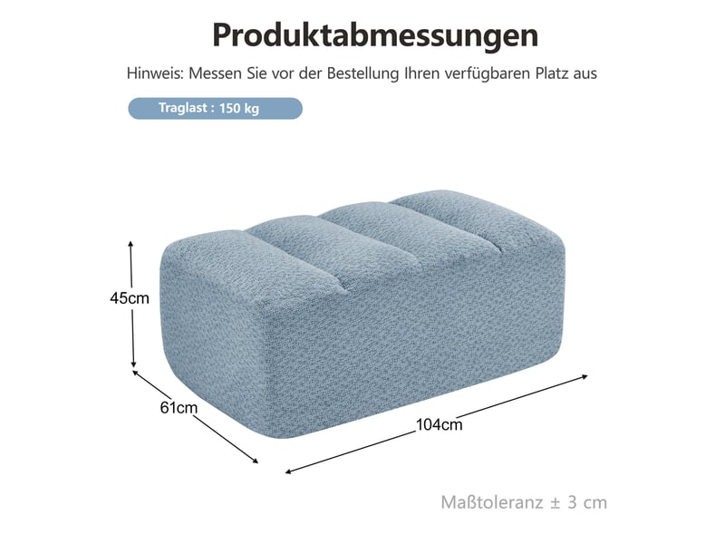  Pouf ottoman modulaire 104x61x45 cm en polaire granuleuse – repose-pieds rembourré en mousse haute densité 32d sans montage – bleu  - Conforama B