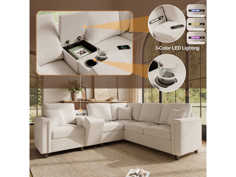  Canapé d'angle l 5 places, avec console rangement, porte-gobelets, usbtype-c, liseuse, 235x208x83 cm, beige, tissu chenille  - Conforama E