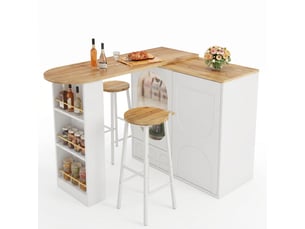 Table bar extensible blanc,avec 2 tabourets de bar,1 tiroirs et 2 portes,rotation 360°,mdf et métal,138-204×39×105cm