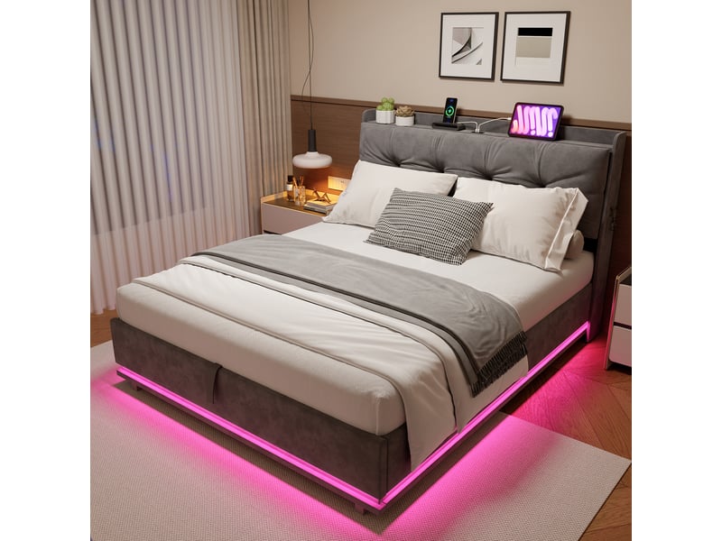 Lit 160 x 200 cm en velours gris avec tête de lit rembourrée, port de chargement usb et éclairage led,idéal pour chambre d'amis,matelas non inclus - Conforama B