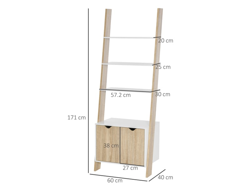  Bibliothèque échelle à 3 étagères et placard, style nordique, en bois, 60 x 40 x 171 cm, chêne et blanc  - Conforama E