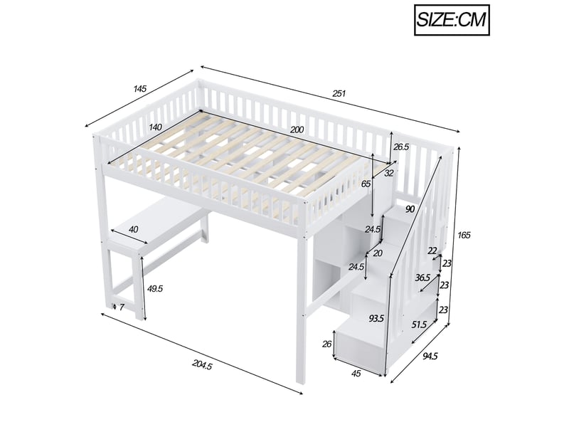 Lit mezzanine 140x200 cm avec bureau, rangements, éclairage led, blanc - Conforama C