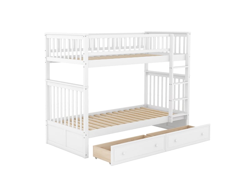 Lit superposé enfant blanc 90x200 cm, convertible avec tiroirs de rangement - Conforama D