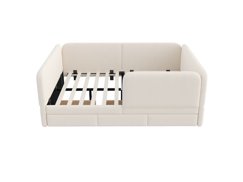 Lit enfant 140×200 cm avec garde-corps complet, tiroir de rangement et coins arrondis, beige - Conforama E