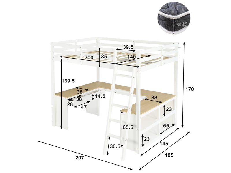  Lit mezzanine 140x200 cm, lit enfant avec bureau d'angle en u et rangement, en bois de pin et mdf avec 2 tiroirs et étagères, blanc et naturel  - Conforama E