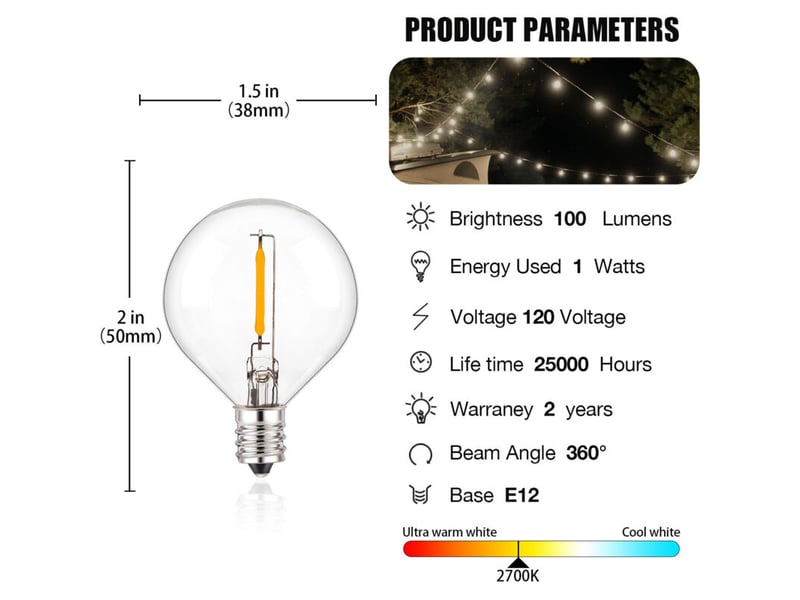  Ampoules g40 tungstène 1w 220-240v – globes clairs, base e12, 2200k (jaune chaud). Lot 25 – rw.  - Conforama B