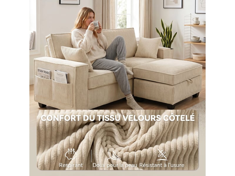 Canapé 3 places avec pouf de rangement, canapé d'angle en velours côtelé, assise large, beige, 2 coussins - Conforama W