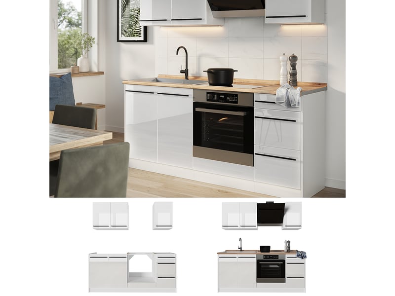 Vicco cuisine, blanc haute brillanceblanc, 180cm plan de travail chêne doré - Conforama D