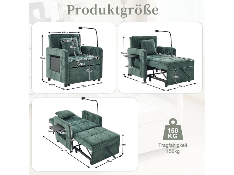  Fauteuil-lit 2-en-1 vert en chenille avec coussin, tablette et rangements  - Conforama C