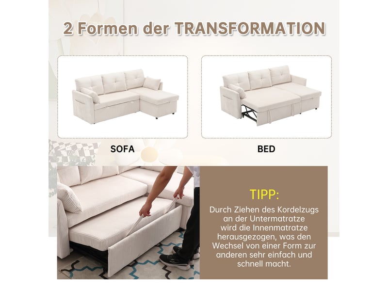  Canapé d'angle convertible 3 places,206x108x66cm,canapé-lit 3 places envelours côtelé avec lit gigogne,méridienne réversible rangement,beige  - Conforama D