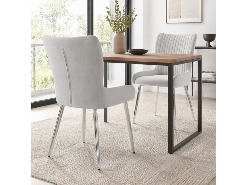  Lot de 2 chaises 58x47x85 cm, chaises salle à manger, velours gris, support lombaire, pieds métal argenté  - Conforama B