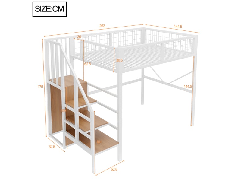  Lit mezzanine 140x200 cm avec rangement, structure en métal, barrière de sécurité, coloris blanc vendu sans matelas  - Conforama C