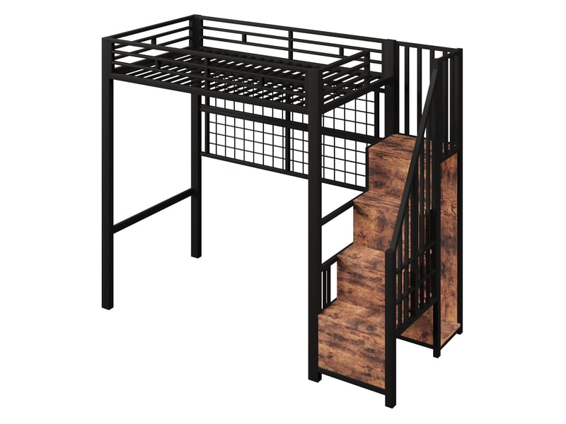  Lit mezzanine noir 90 × 200 cm en métal, armoire, led 7 couleurs et échelle rangement  - Conforama E