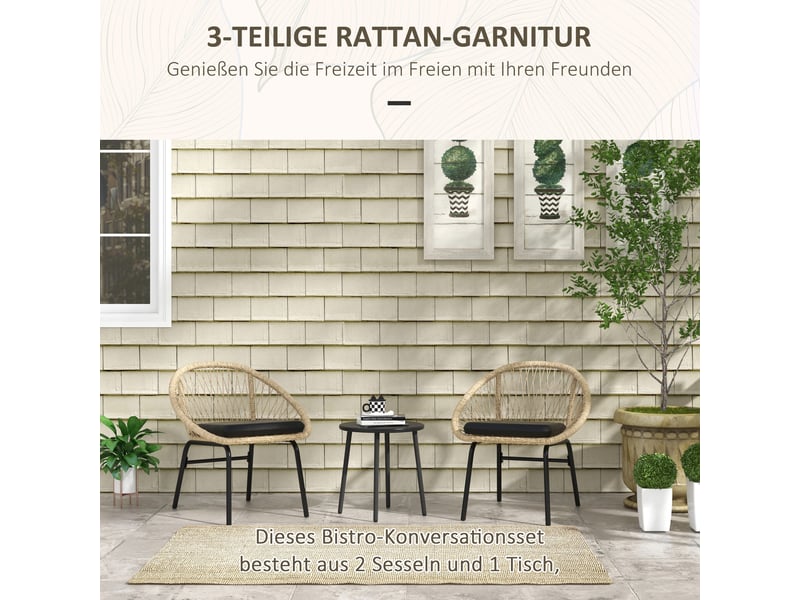 Salon de jardin avec 2 fauteuils à accoudoirs, 1 table ronde et coussins, pour balcon, rotin jaune - Conforama E