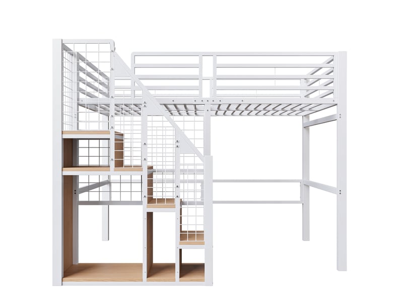 Lit mezzanine 140 × 200 cm 2 places avec rangement, étendoir et escalier sécurisé, sans matelas, blanc - Conforama E