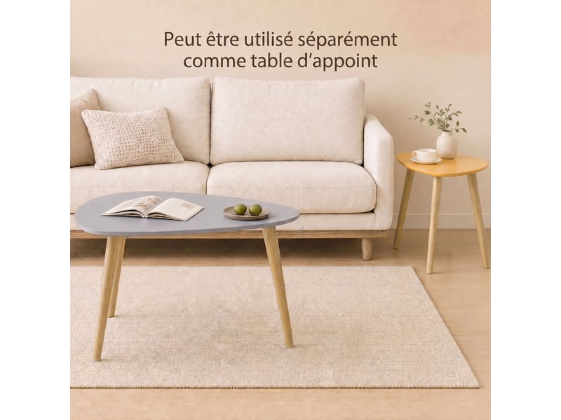  Lot de 2 tables basses gigognes design pieds scandinave en bois et plateau en bois, gris et jaune  - Conforama R