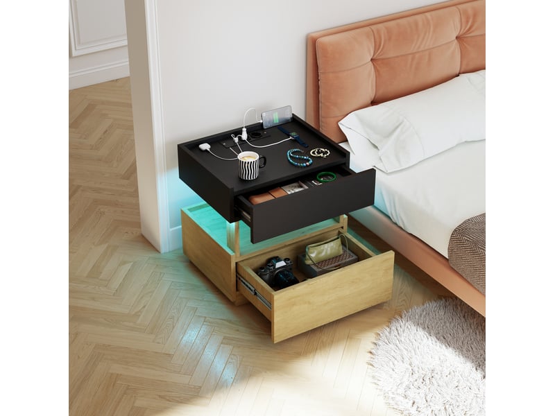  Table de chevet intelligente 50 x 40 x 50 cm, charge sans fil, led, 2 tiroirs noir bois  - Conforama D